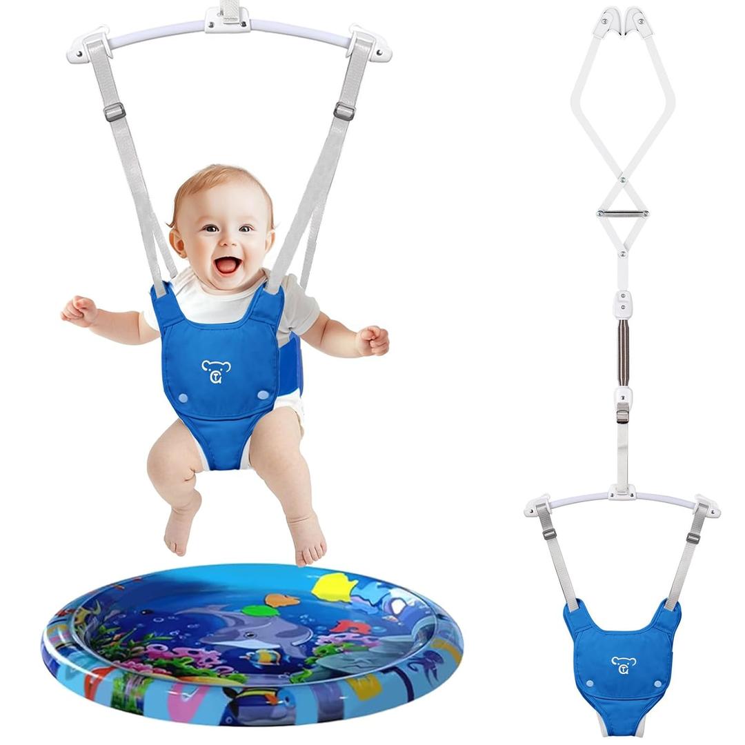 Baby Jumper, Baby Doorway Jumper with Adjustable Strap, Portable Baby Jumpers and Bouncers, Easy to Assemble, Baby Bouncer Jumper with Water Mat (Blue)