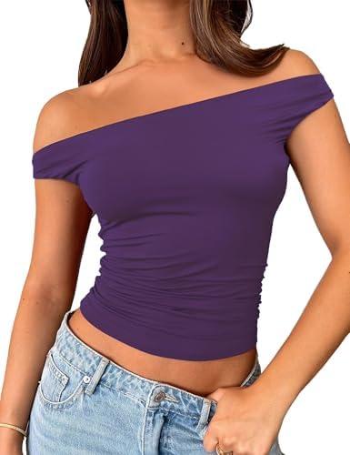 ForeFair Womens Off The Shoulder Tops Going Out Crop Top Slim Fitted Shirts Double Lined Summer Outfits Y2K Cute Tops Medium