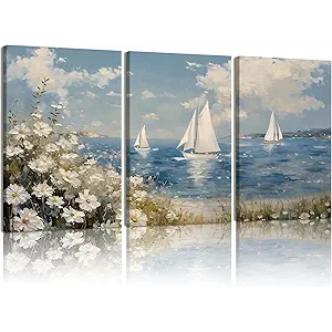 Kdyudo3 pcs Framed Coastal Wildflowers Canvas Wall Art Ocean Sailboat Canvas Print Beach Flowers Seascape Blue Sky and White Flowers Posters Living Room, Bedroom, Country Farmhouse Artwork 12x16 inch