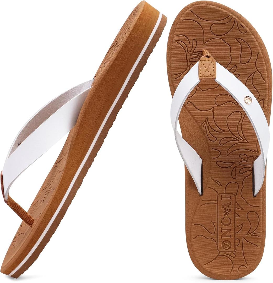 ONCAI Women's Flip Flops Arch Support Yoga Mat Summer Beach Woman Thong Sandals with Orthotic Rubber Soles (9, White/Khaki)