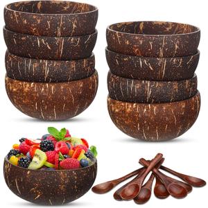 Hoolerry 8 Set Coconut Bowls and Wooden Spoon Set Coconut Shells Buddha and Salad Smoothie Bowls and Spoons for Vegan Gifts Kitchen Serving