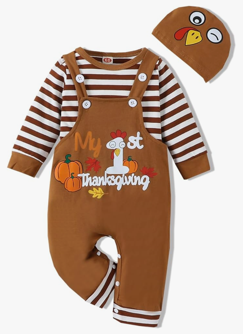 VINUOKER Newborn Baby Boy Thanksgiving Day Clothes My First Thanksgiving Day Outfit, 3Pcs Baby Boy Turkey Clothing (Size 52)