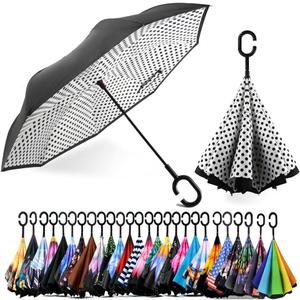 SIEPASA 49/56 Inch Inverted Reverse Upside Down Umbrella, Extra Large Double Canopy Vented Windproof Waterproof Stick Golf Umbrellas with C-shape Handle.(White Dots, 49 Inch)