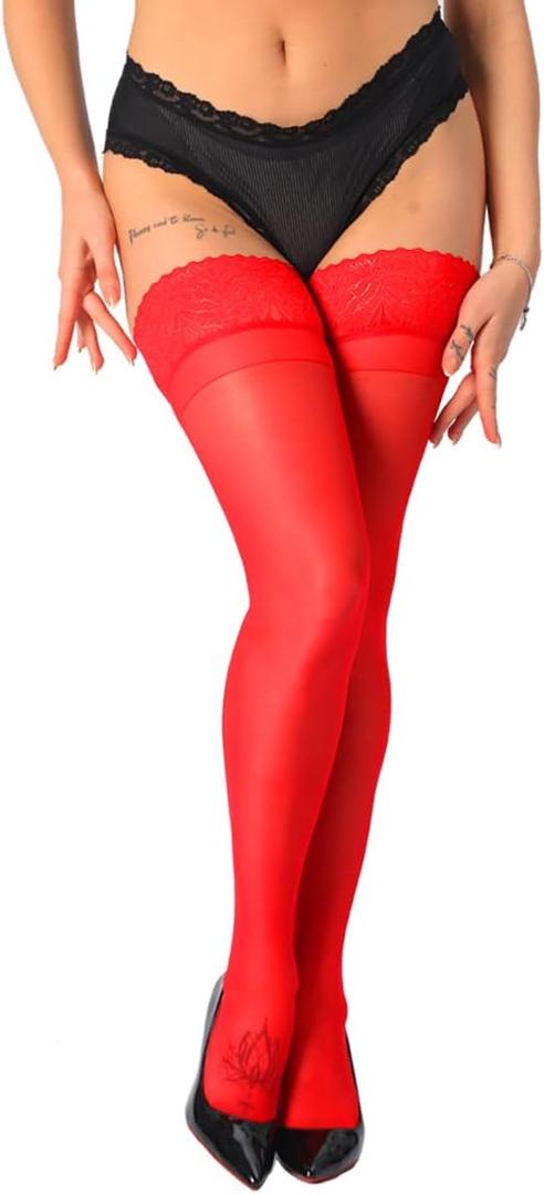 MERYLURE Thigh High Stockings Silicone Lace Top Stay Up Silk Semi Sheer Pantyhose for Women Hold Up Nylon Lingerie (Red)