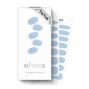 ohora Semi Cured Gel Nail Strips (N Cream Sky) - Blue, Solid, Works with Any UV/LED Lamps, Salon-Quality, Long Lasting, Easy to Apply & Remove - Includes 2 Prep Pads, Nail File & Wooden Stick