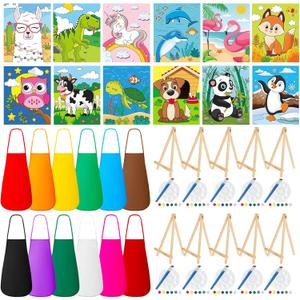 Ireer 84 Pcs Paint Party Set Include 12 Animal Pre Drawn Canvas, Brushes, Palettes, 12 Set Acrylic Paints, Apron Canvas, Painting Kit for Birthday Party Gift School Creative Supplies(5 x 7 Inches)