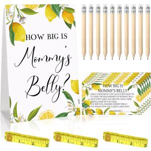 Sabary 64 Pcs Lemon Theme Baby Shower Game Kit, How Big is Mommy's Belly Stand Sign, 50 Guess Cards, 3 Measuring Tapes, 10 Pencils, Fun Baby Bump Measurement Activity for Gender Reveal Bridal Shower