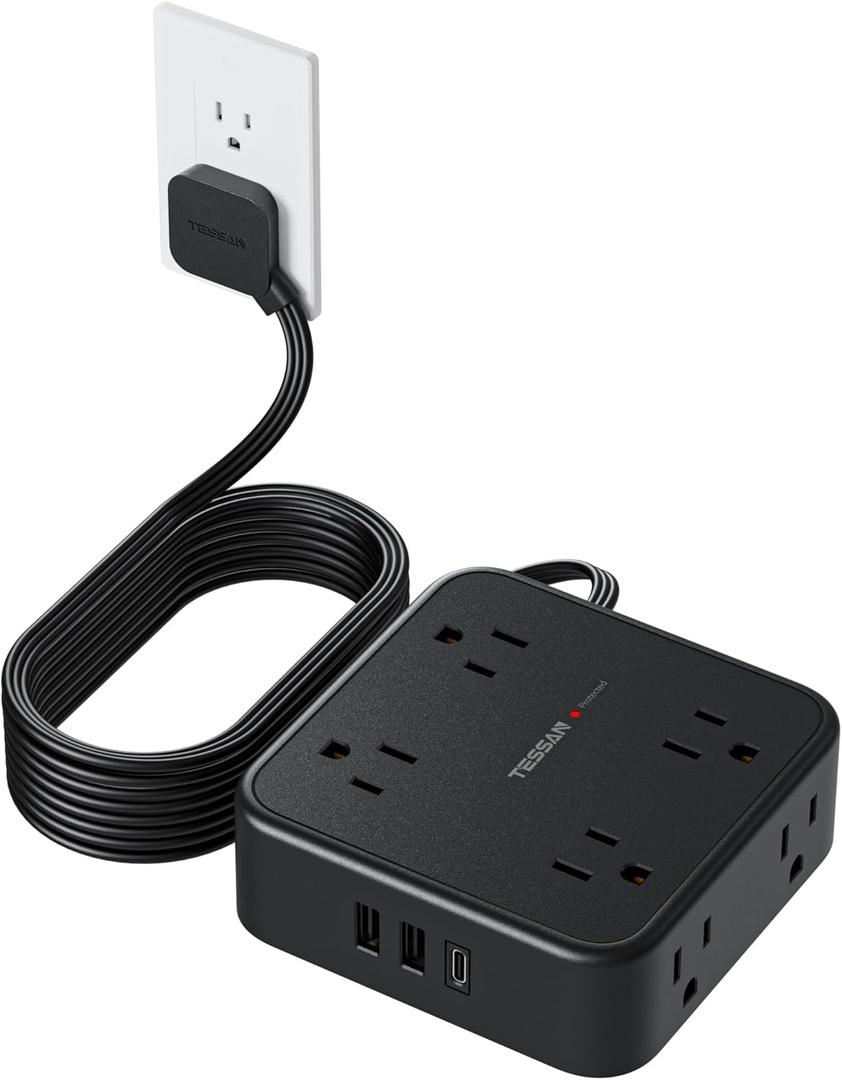 TESSAN Surge Protector Power Strip Black, 5 Ft Flat Plug Extension Cord with 3 USB (1 USB C) 8 Outlets, 900J Surge Protection, 3 Sided Outlet Extender with Power Switch for Office, Dorm Room