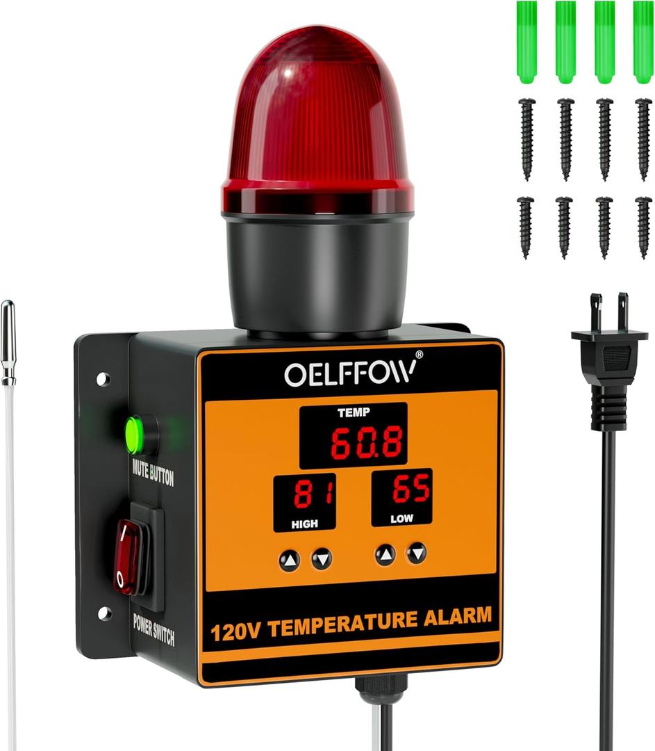 120 V Temperature Alarm, Temperature Monitor with 105 dB Integrated Sound & Light Alarm, Temp Controller for Greenhouses, Farms, Warehouses, One-Key Mute Button