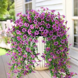 Artificial Fake Hanging Flowers Plants for Outdoor Spring Decoration,2 PCS Faux Silk Daisy with Eucalyptus Leaves,UV Resistant Look Real for Outside Home Indoor Planter Porch Patio Balcony Yard Decor