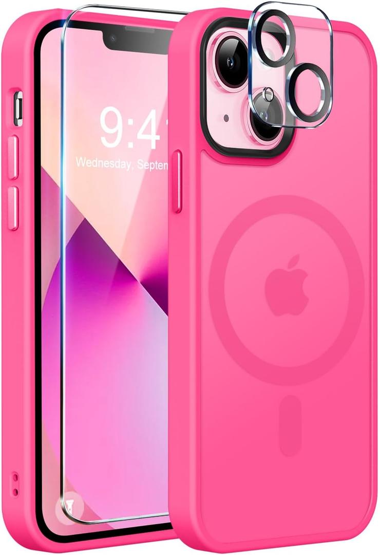 MOCCA Strong Magnetic for iPhone 13 Case, [Compatible with Magsafe][Screen Protector+Camera Lens Protector] Translucent Matte Back Slim Shockproof Case for iPhone 13 Phone Case 6.1", Hot Pink