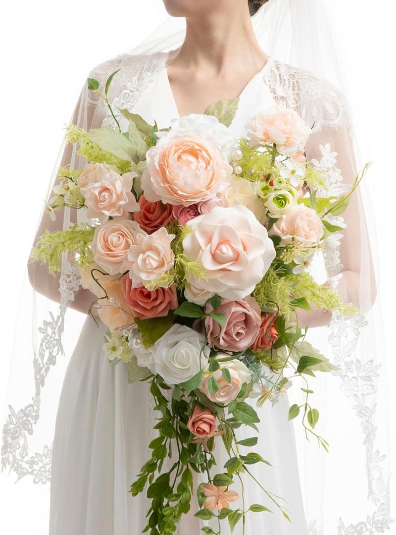 Ling's Moment Pink Bride Bouquet - 15 Inch Wedding Blush Garden Artificial Flowers for Bride