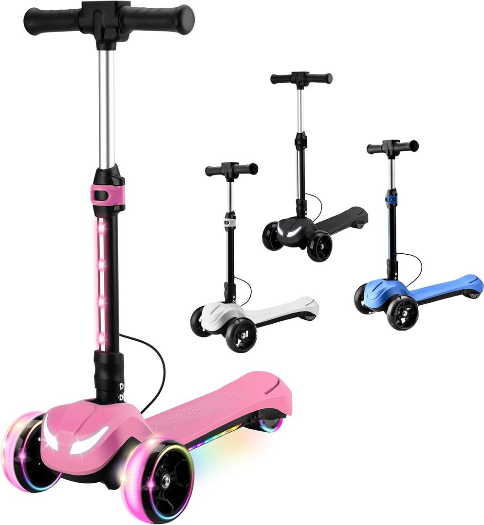 Electric Scooter for Kids w/150W Powerful Motor, Thumb Throttle, LCD Screen, Bluetooth, Light-Up Stem Deck & Wheels, 3 Adjustable Heights, 5MPH Safe Speed, 3 Wheel Electric Scooter for Kids