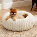 Bedsure ComfyFleece Donut Small Dog Bed - Dog Beds for Small Dogs with Corduroy Fleece & Anti Slip Bottom, Round Faux Fur Pet Beds with Washable Removable Cover, Cream, 23x23x7 inches