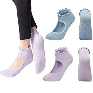 ANIDL 2 Pairs Frilly Yoga Socks Non Slip with Grip Yoga Pilates Ballet Barre Socks for Women (purple/blue)