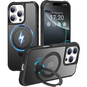 HuwaiH 360 Rotatable Magnetic Ring Stand for iPhone 16 pro max Case, Compatible with MagSafe, Military-Grade Shockproof, Anti-Scratch Matte Translucent Phone Case for iPhone 16 pro max (Black)