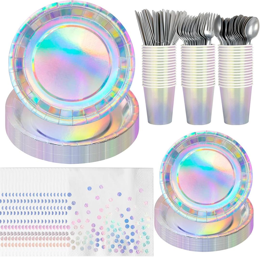 Iridescent Party Supplies Serves 25 - Holographic Party Decorations with Plates and Napkins Cups Knives Forks Spoons Disposable Tableware Set for Birthday Mermaid Birthday decor