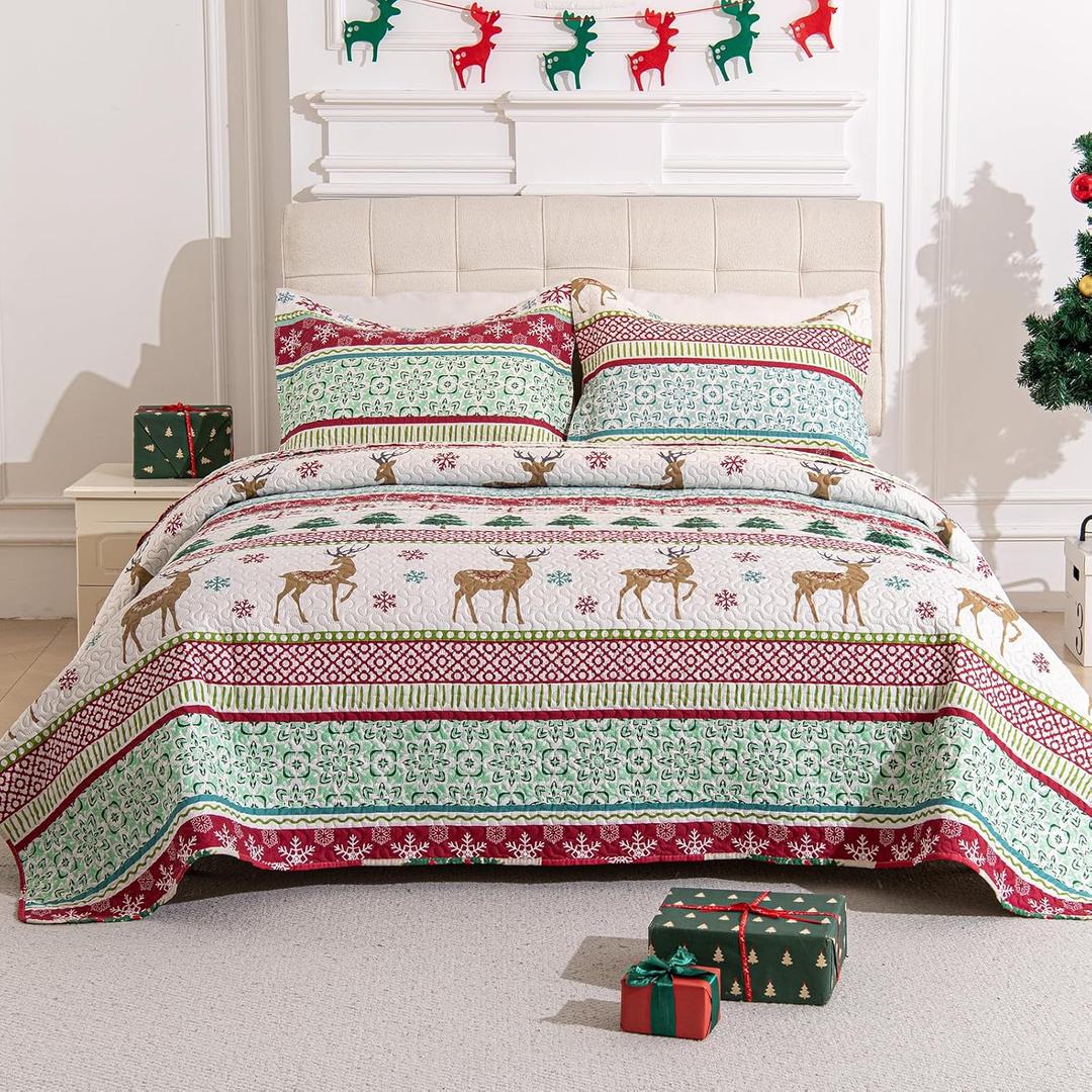 3-Piece Christmas Quilt Set King Size Cozy Xmas Snowflake Reindeer Bedding Sets Soft Christmas Bedspread, Holiday Santa Quilt Coverlets Set with 2 Pillow Shams,Red Green White