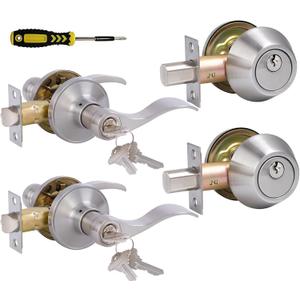 Lanwandeng Keyed Alike Front Door Lever Lockset with Single Cylinder Deadbolt Combination Set, Exterior Door Knob with Lock and Deadbolt, Satin Nickel Finished, 2Sets