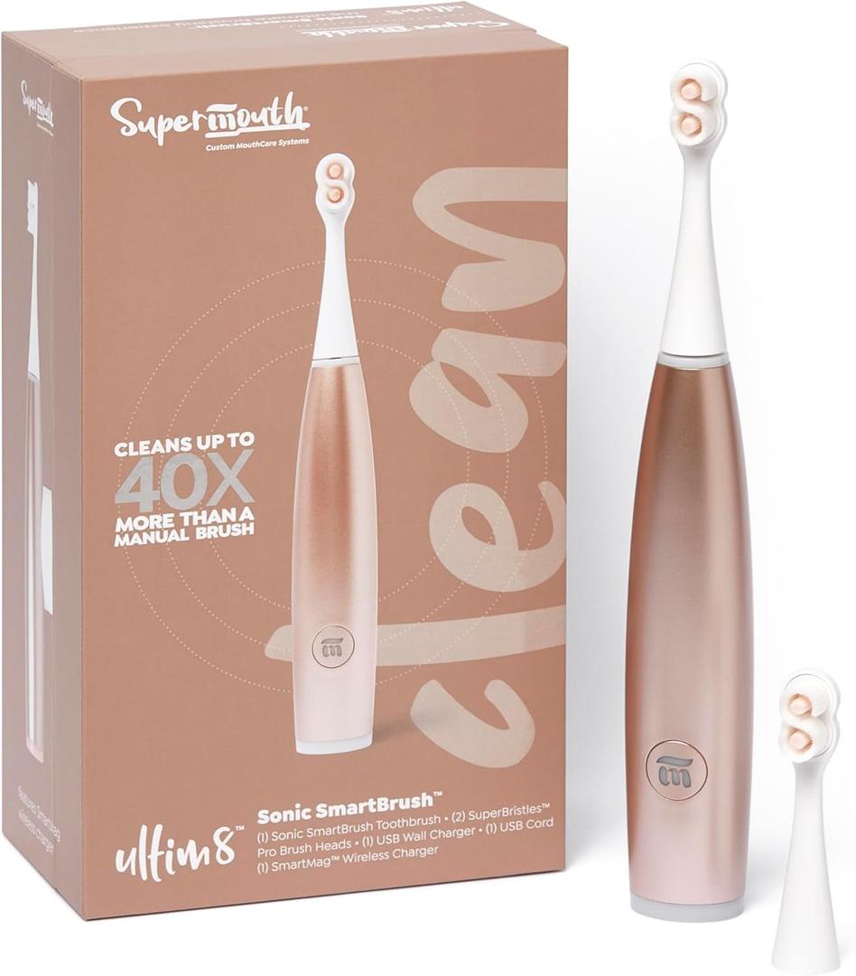 SuperMouth ULTIM8 Smart Brush Electric Toothbrush - Patented Super Bristles Clean Teeth 40X Better, Dual Sonic Modes, Pressure Sensor, Stunning Design - Teens & Adults - Rose Gold