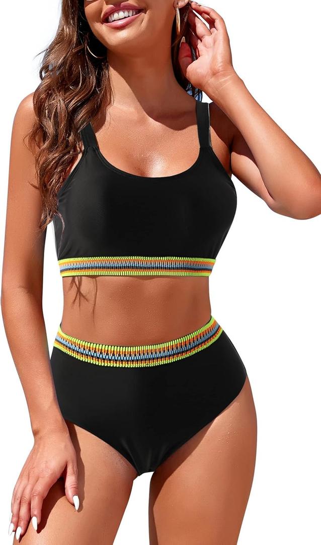 Womens High Waisted Bikini Sets Sporty Crop Top Color Block Swimwear Bandeau Scoop Neck Vintage Two Piece Bathing Suits (Medium, Black Woven)
