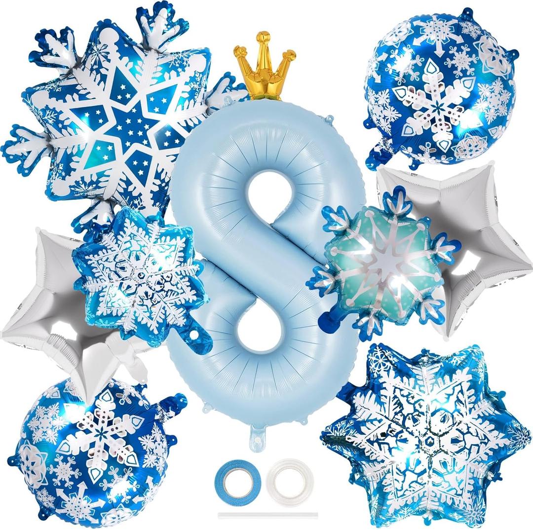 40 Inch Crown Number 8 Balloon, Blue 8th Birthday Party Decorations, SnowFlake Foil Mylar Balloons for Winter Themed Birthday Party Decorations (Number 8)
