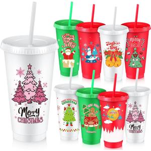 Skylety 24 Pcs Christmas Cups with Lids and Straws Bulk, 24 oz Reusable Plastic Christmas Tumblers Xmas Drinking Coffee Cups for Holiday Party Supplies and Home Office Gift