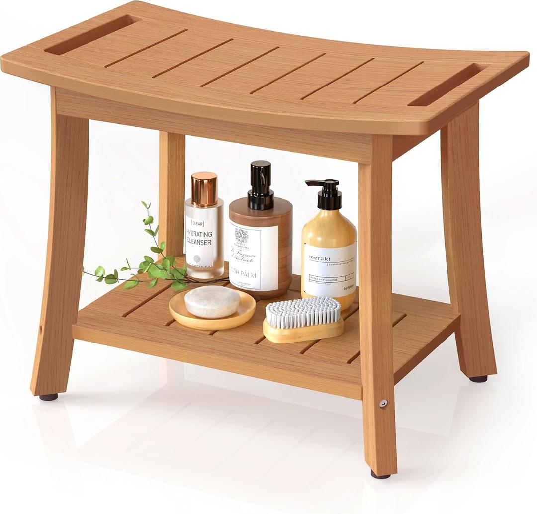Waterproof Shower Benches for Inside Shower, Poly Lumber Shower Stool with Storage Shelf & Adjustable Feet, SPA Bathroom Seat Chair for Shaving Legs, Indoor or Outdoor Use, Teak Brown