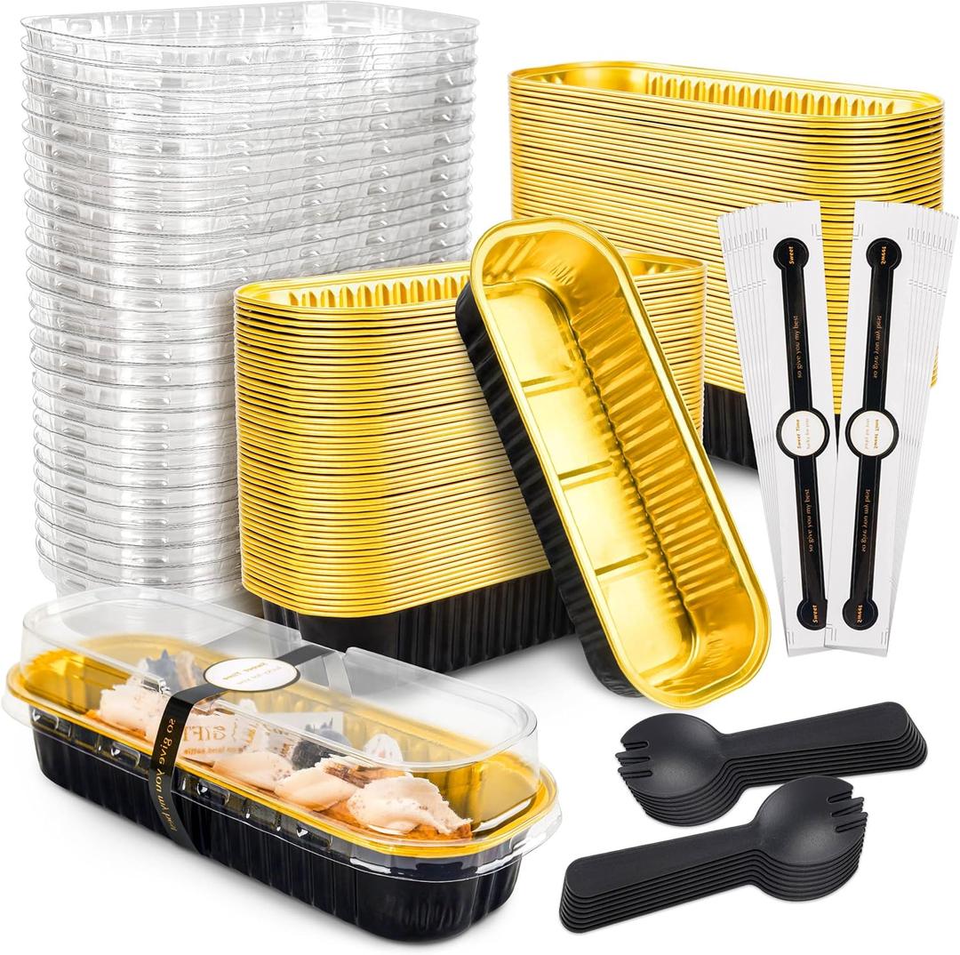 100 Pack Mini Cake Pans with Lids and Spoons Black Gold Rectangular Aluminum Foil Baking Pans Mini Cheesecake Containers(6.8oz)