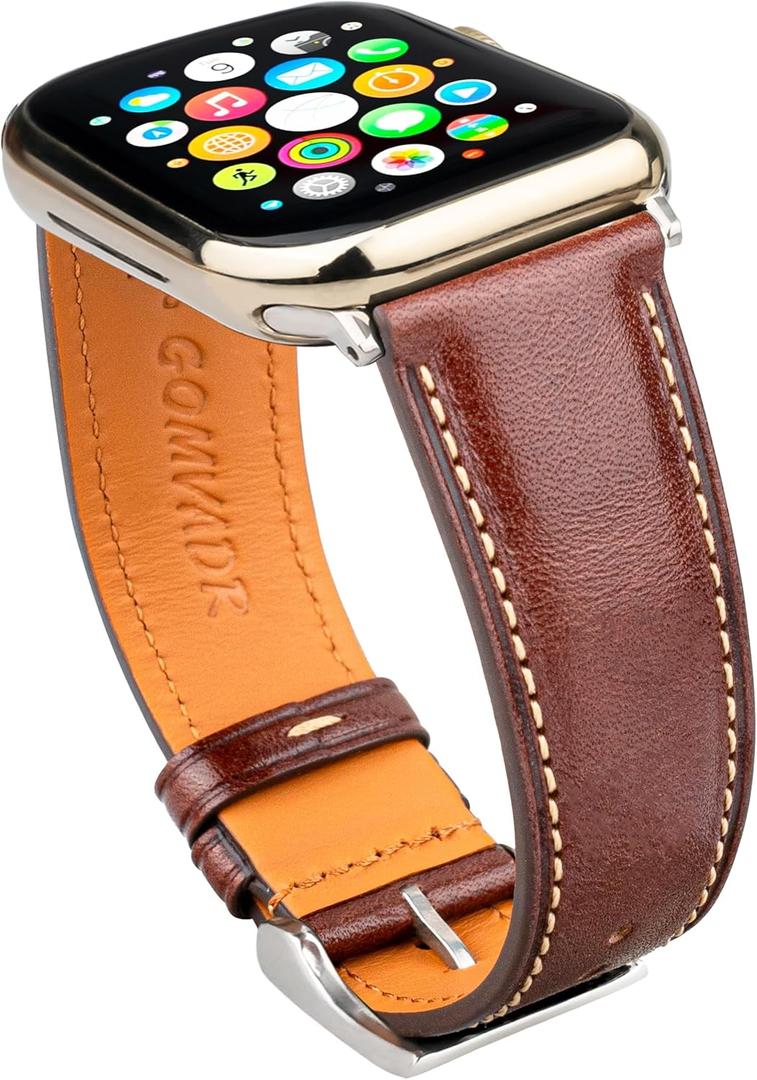 Gomvadr Leather Bands Compatible with Apple Watch Band , Replacement Band Leather Strap for Men iWatch Ultra 2/ 1 Series 10 9 8 7 6 5 4 3 2 1 (Brown/ Silver Buckle, 49mm Ultra 2/ 1)