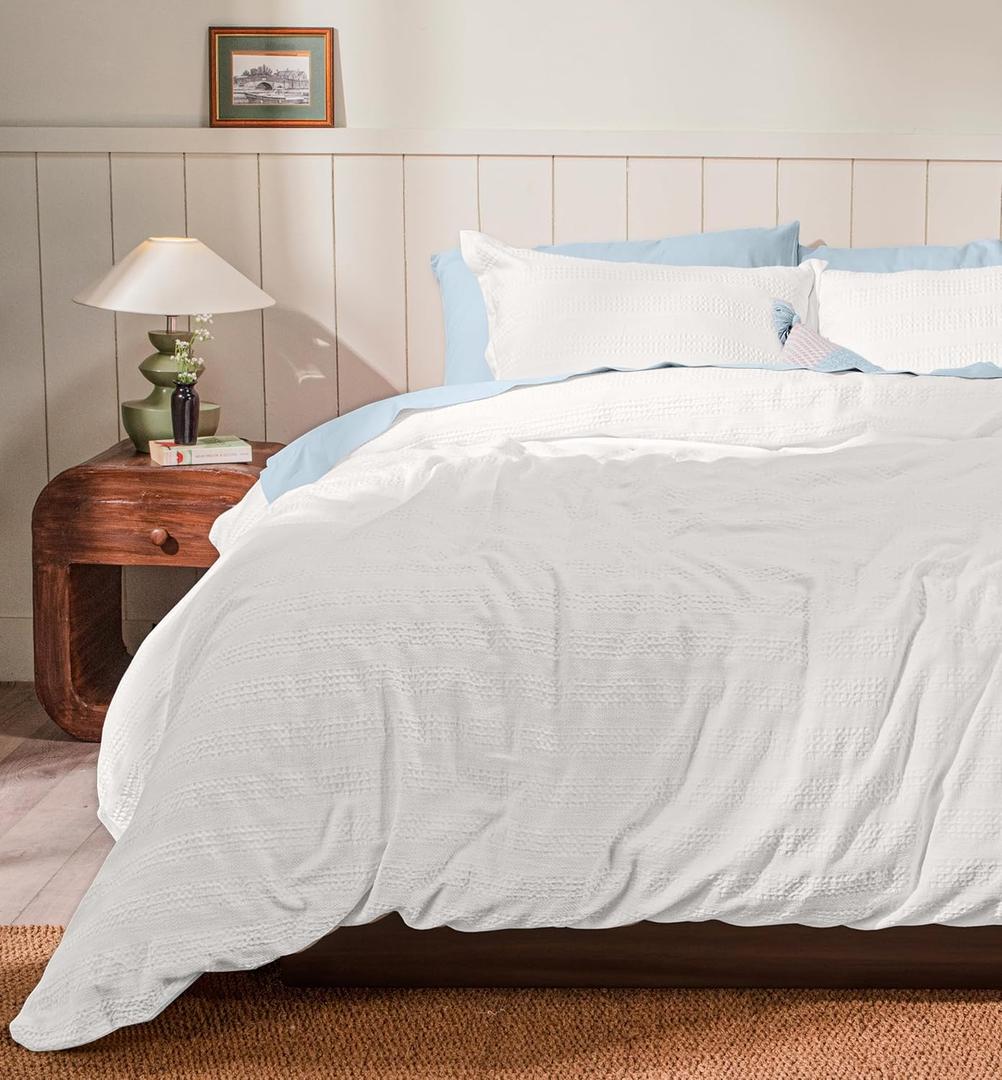 RUVANTI 100% Cotton Waffle Weave Queen Duvet Cover Set - Pre-Washed Soft Cozy Textured Bedding, 3-Piece, 8 Corner Ties, Breathable, Coconut White (Stripe)