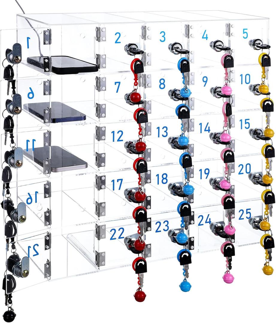 25 Doors Cell Phone Locker Box, Clear Acrylic Cell Phone Storage Cabinet Wall Mounted, Charging Hole (Upgrade Size), Locks, Key, Number for Classroom Employee Office School Factory