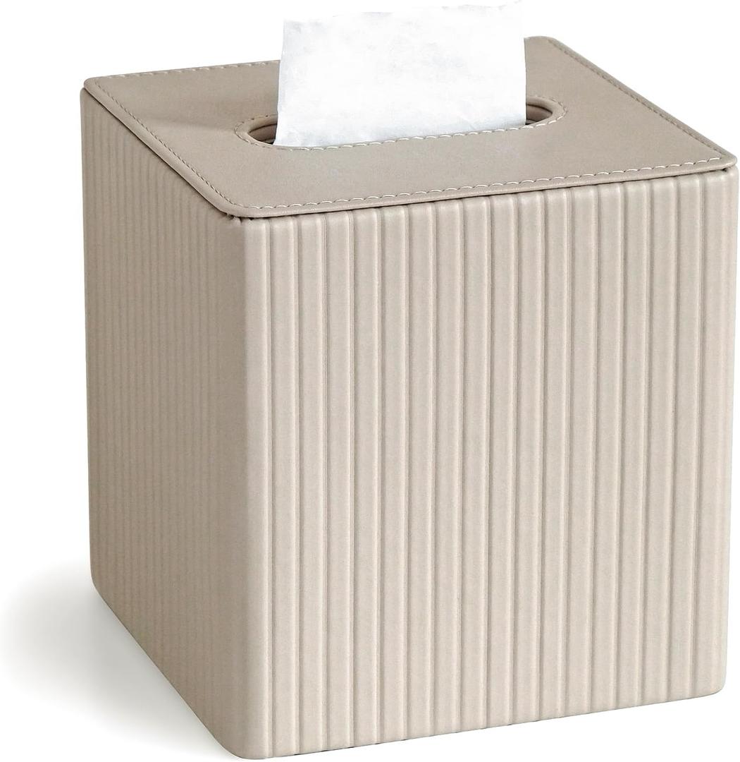 Leather Beige Tissue Box Cover, Square Tissue Box Holder Compatible with Kleenex for Bathrooms