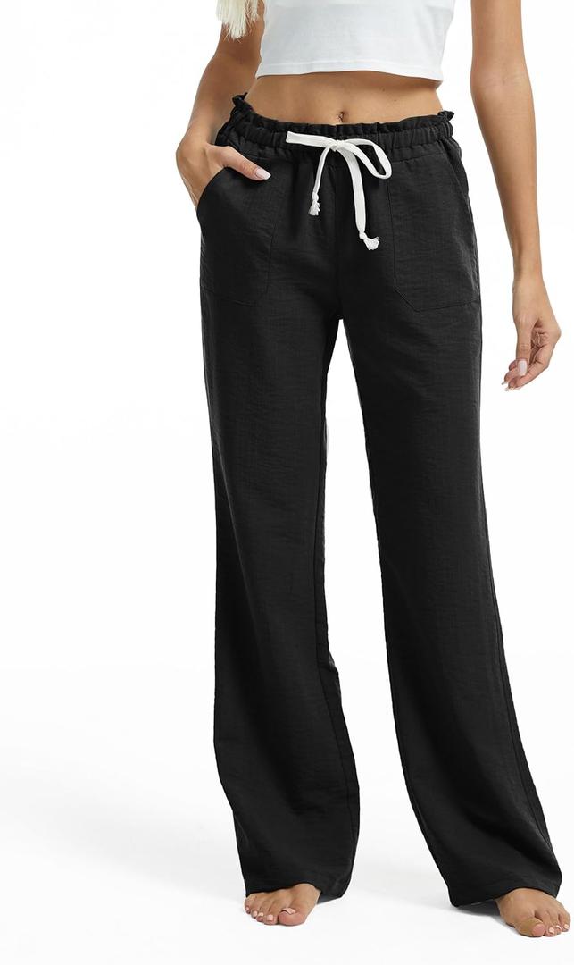 SEVEGO Tall Women Casual Linen Pants 30"/32"/34"/36" Inseam Drawstring Smocked Waist Beach Summer Trousers with Pockets (Medium, Black)