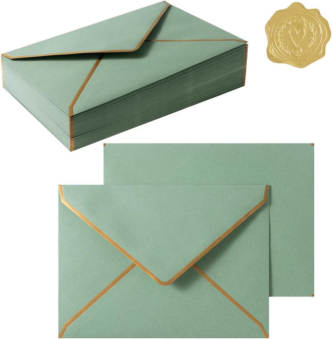 50 Pieces A7 Envelopes with Gold Border, 5.24 x 7.21 Inches Envelopes with Gold Stickers for Greeting Cards and Invitation (Sage Green, A7-5x7)