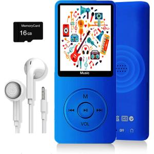 MP3 Player, Music Player with 16GB Micro SD Card, Build-in Speaker/Photo/Video Play/FM Radio/Voice Recorder/E-Book Reader, Supports up to 128GB (Dark Blue)