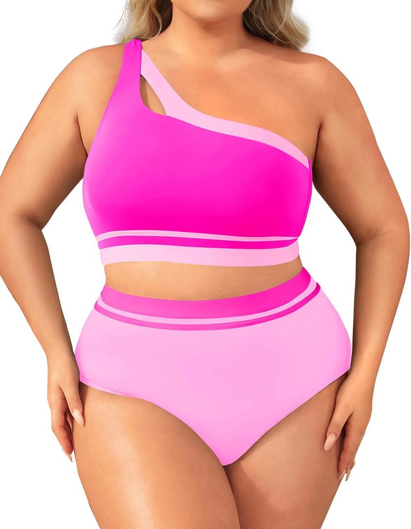 Aqua Eve Women Plus Size High Waisted Bikini One Shoulder Two Piece Swimsuit Color Block Bathing Suits (14 Plus, Pink)