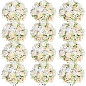 Tigeen Artificial Flowers Artificial Peonies Silk Flowers Faux Peony Fake Peony Silk Hydrangea Bouquet for Wedding Table Centerpiece Floral Vase Decor(Champagne White,10 Bundles)