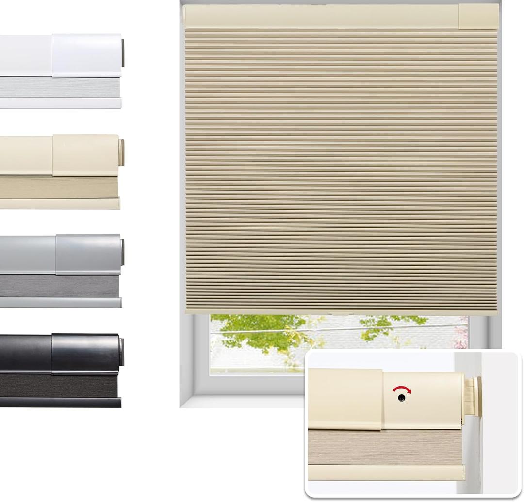 No Drill Cellular Shades for Indoor Windows, Thermal Insulating & Noise Reducing Honeycomb Blinds, Free Stop Cordless Blackout Shades, Beige, 35" W x 64" H