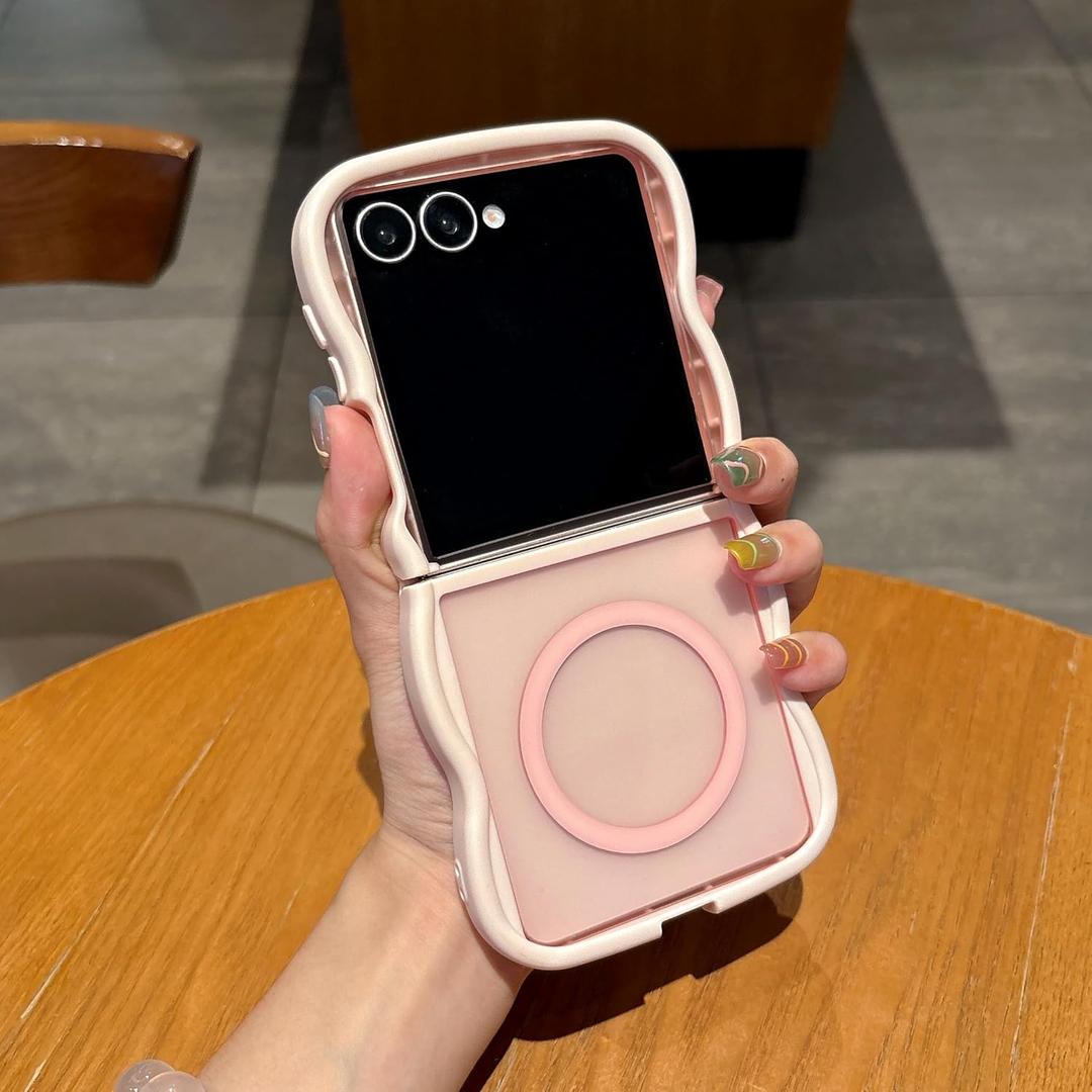 UEEBAI Magnetic for Samsung Galaxy Z Flip 7 5G Case, Compatible with MagSafe, Transparent Wave Frame Design Case Soft Edge Cover Cute Clear Matte Shockproof Protective Phone Case, Pink