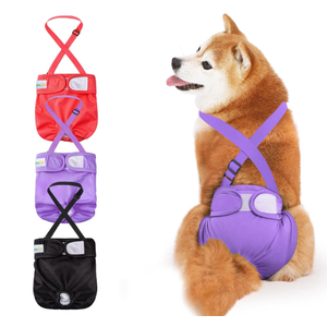 Idepet Female Dog Diapers with Suspender 3 Pack Washable Reusable Doggie Diapers for Small Medium Female Dog in Heat Period Cycle Urinary Incontinence Training, Black+Red+Purple S