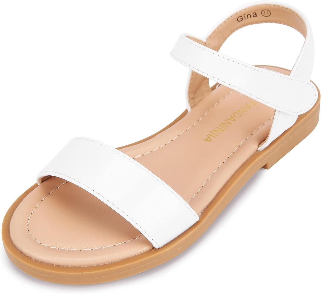 PANDANINJIA Gina Girls Sandals Open Toe Summer Flats Dress Sandals Shoes Toddler/Little Kid/Big Kid (White Pu, 1 M US Little Kid)