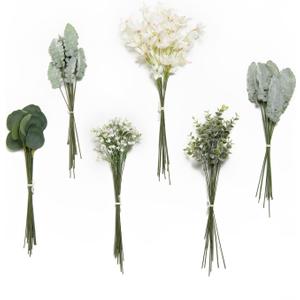 Ling's moment Artificial Greenery Stems Box Set, 98pcs with 6 Kinds of Faux Greenery Picks for DIY Bridal Bouquets Wedding Floral Arrangement Table Centerpieces, Sage Green & White