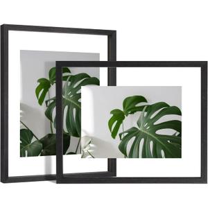 Egofine 11x14 Floating Frames Set of 2, Double Plexiglass Picture Frame, Made of Solid Wood Display Any Size Photo up to 11x14, Wall Mount or Tabletop Standing, Faded Black