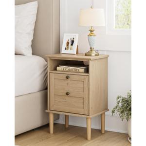 Nightstand, Boho Night Stand with 1 Drawer, Modern Side Accent Table with Open Shelf, Wooden Top Bedside End Table for Bedroom, Living Room, Natural