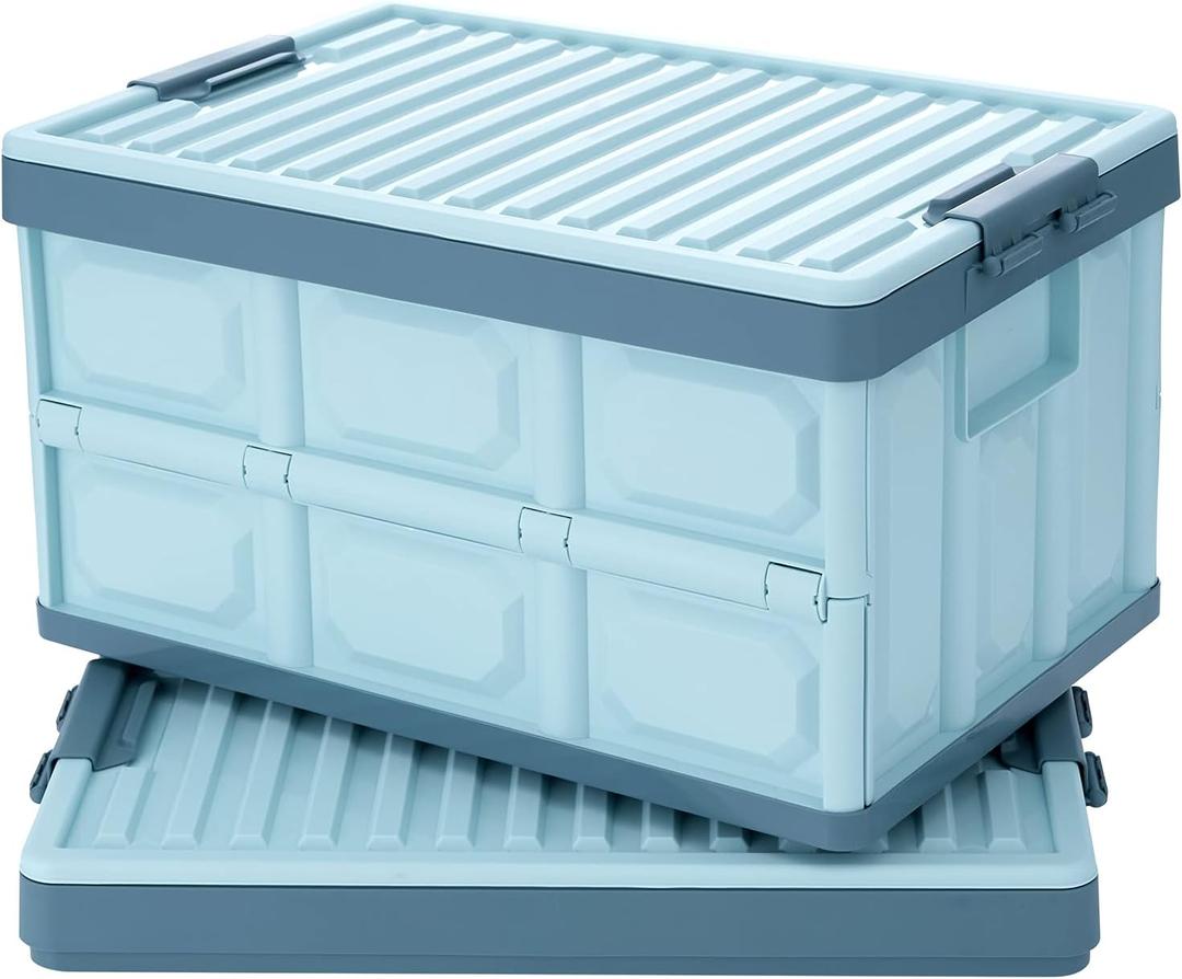 Blue Folding Plastic Stackable Utility Crates 2-Pack, Collapsible Storage Bins with Lids 30L, Durable Containers for Home & Garage Organization