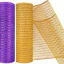 MIKIMIQI 2 Pack Deco Mesh 10 Inch x 30 Feet Decor Mesh Ribbon with Metallic Foil Deco Mesh Wreath Supplies Ribbon Mesh Roll for Spring Wreaths Craft Party, Not Wired (Gold Purple)