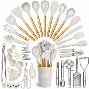 Kaluns 50 PCS Silicone Kitchen Utensils Set Complete Kitchen Set - 800F Heat Resistant Non-Stick Premium Cooking Utensils W Wooden Handles - Can Opener, Masher, Turner, Silicone Spatula Set (Khaki)