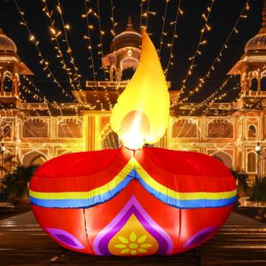 Civaner 5 FT Diwali Inflatables Outdoor Decorations, Diyas Oil Lamp Blow up Yard Decor, Tea Light Style Indian Diwali with Built in LED Lights for Hindu Party Deepavali Home Garden Yard Lawn