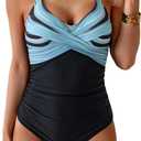 B2prity Women's One Piece Swimsuits Tummy Control Front Cross Bathing Suits Tie Back Slimming V Neck Swimwear (Medium, Black and Green Stripe)